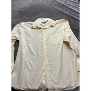Prime Time Mens Cream Embroidered Collar Cuff Dress Shirt 17.5 34/35 Yellow L/XL
